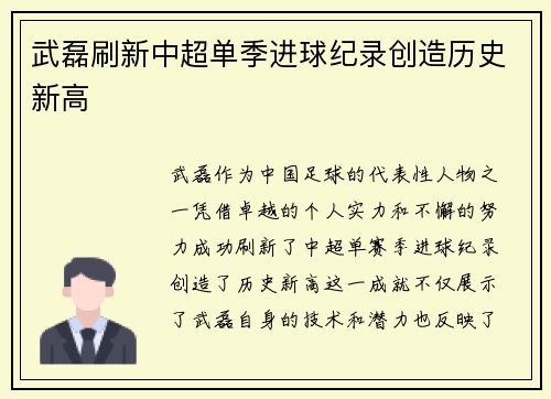 武磊刷新中超单季进球纪录创造历史新高